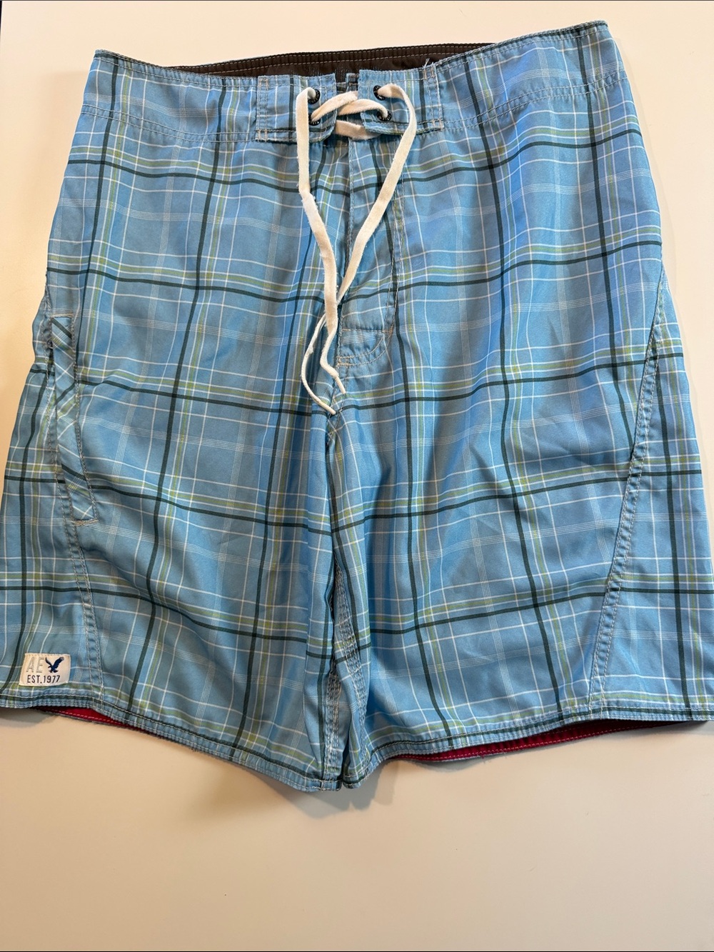 American Eagle Outfitters Light Blue Plaid Swim‎ Board Shorts
